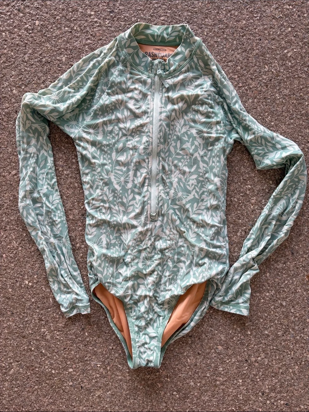 Crewcuts Long-Sleeve Rashguard Swimsuit in Mint Green Leaf Print